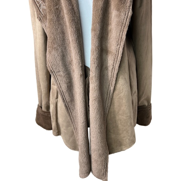 Sweet Jane Embroidered Hooded Faux Suede Fleece Lined Open Front Jacket Coat - Picture 9 of 15